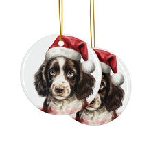 DistinctInk Hanging Ceramic Christmas Tree Ornament with Gold String - Great Gift/Present - 2 3/4 inch Diameter - English Springer Spaniel Puppy Drawing Design