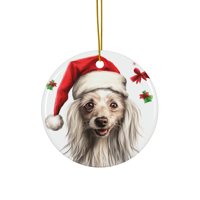 DistinctInk Hanging Ceramic Christmas Tree Ornament with Gold String - Great Gift/Present - 2 3/4 inch Diameter - Chinese Crested Design
