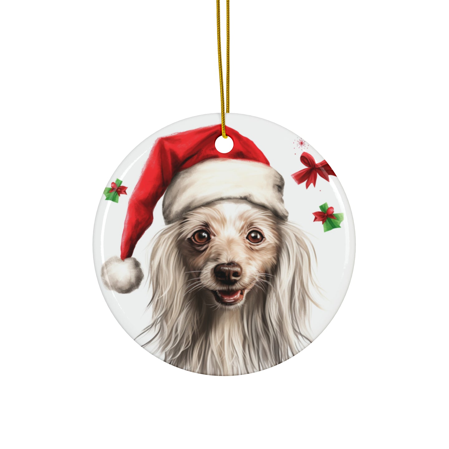 DistinctInk Hanging Ceramic Christmas Tree Ornament with Gold String - Great Gift/Present - 2 3/4 inch Diameter - Chinese Crested Design