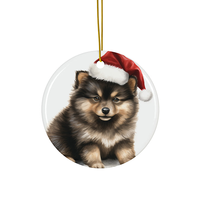 DistinctInk Hanging Ceramic Christmas Tree Ornament with Gold String - Great Gift/Present - 2 3/4 inch Diameter - Finnish Lapphund Puppy Drawing Design