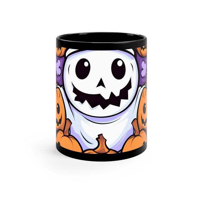 DistinctInk Black Coffee Mug - Ghost Skeleton Pumpkins for Halloween
