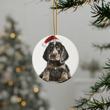 DistinctInk Hanging Ceramic Christmas Tree Ornament with Gold String - Great Gift/Present - 2 3/4 inch Diameter - Bluetick Coonhound Puppy Design