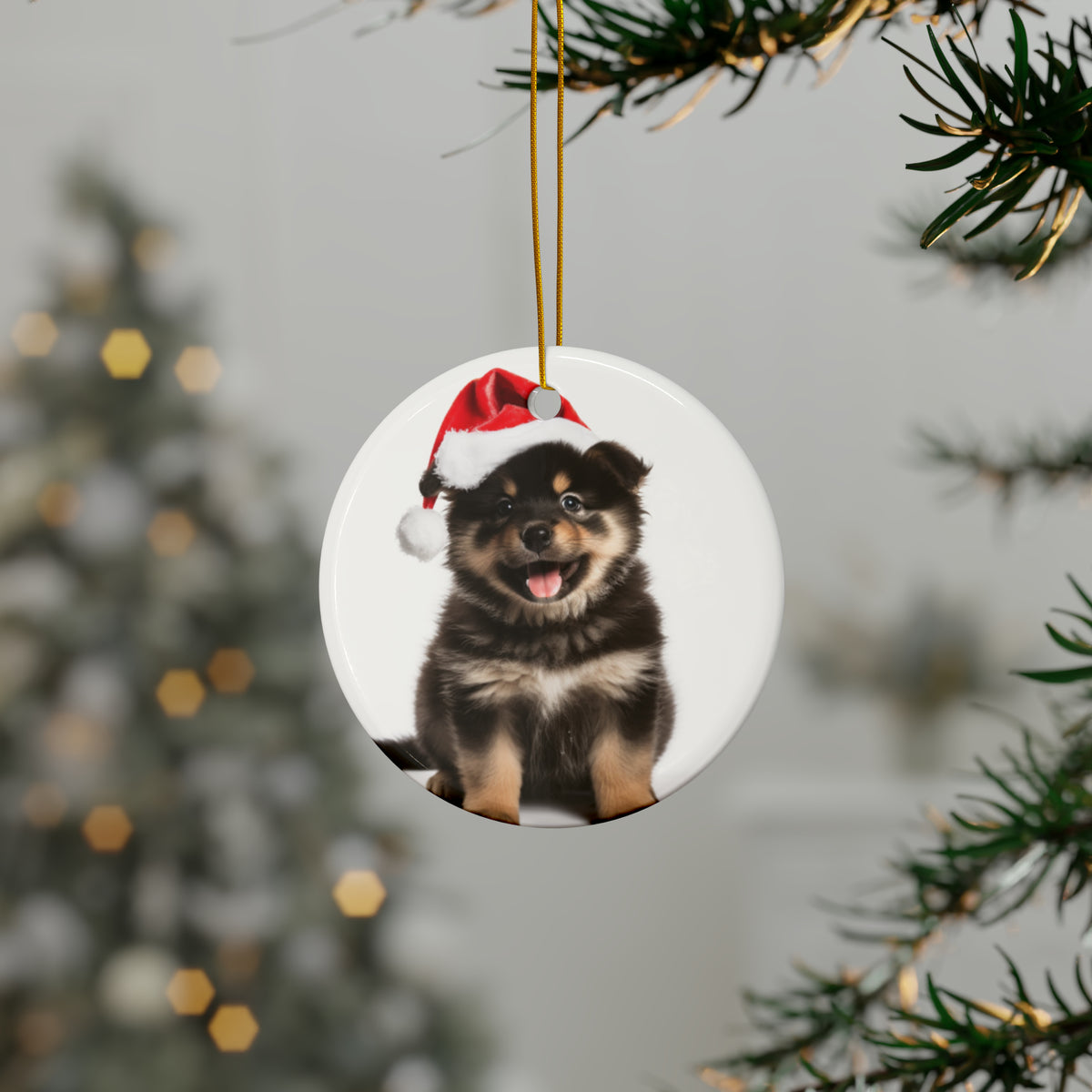 Hanging Ceramic Christmas Tree Ornament with Gold String - Finnish Lapphund Puppy Design, view 3