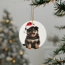 DistinctInk Hanging Ceramic Christmas Tree Ornament with Gold String - Great Gift/Present - 2 3/4 inch Diameter - Finnish Lapphund Puppy Design
