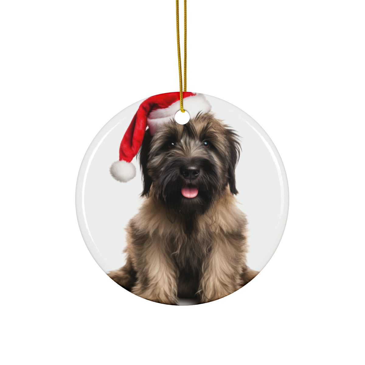 Hanging Ceramic Christmas Tree Ornament with Gold String - Briard Puppy Design