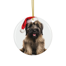 DistinctInk Hanging Ceramic Christmas Tree Ornament with Gold String - Great Gift/Present - 2 3/4 inch Diameter - Briard Puppy Design