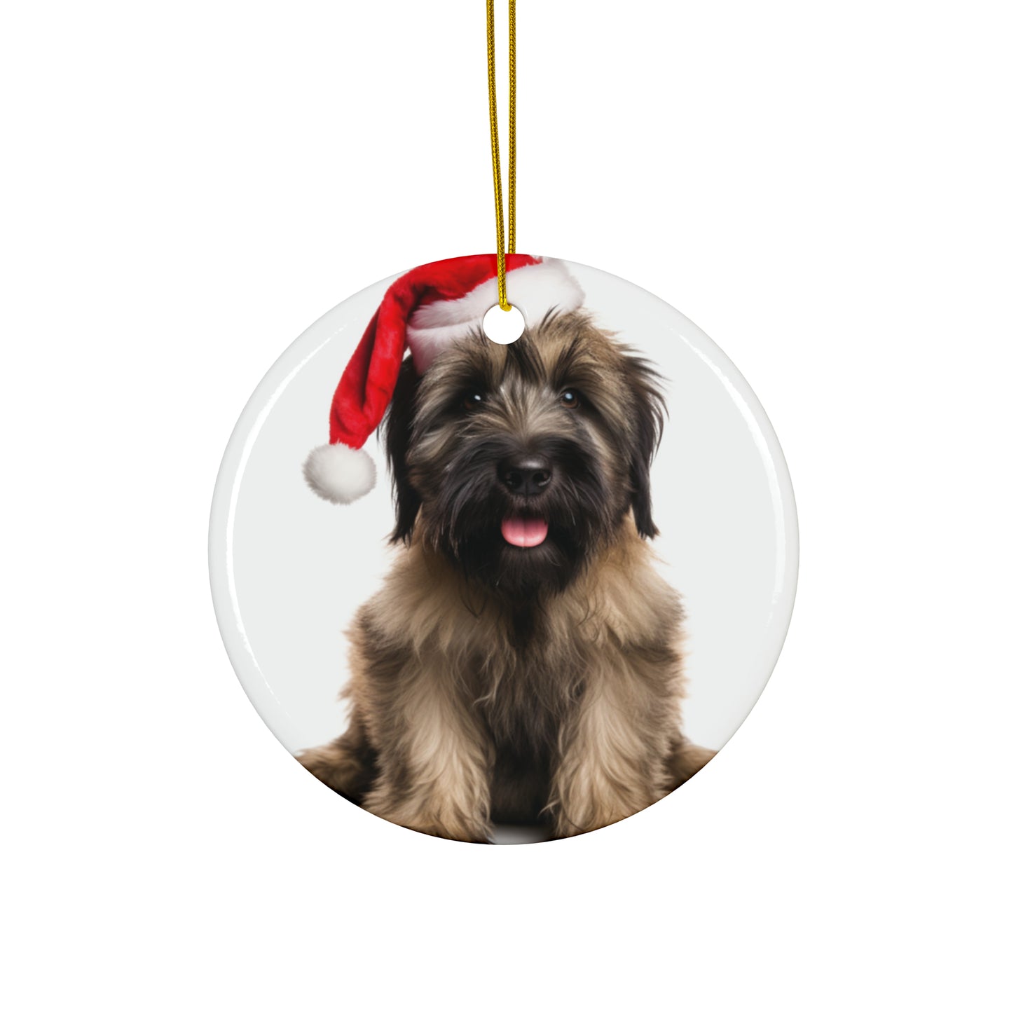 DistinctInk Hanging Ceramic Christmas Tree Ornament with Gold String - Great Gift/Present - 2 3/4 inch Diameter - Briard Puppy Design
