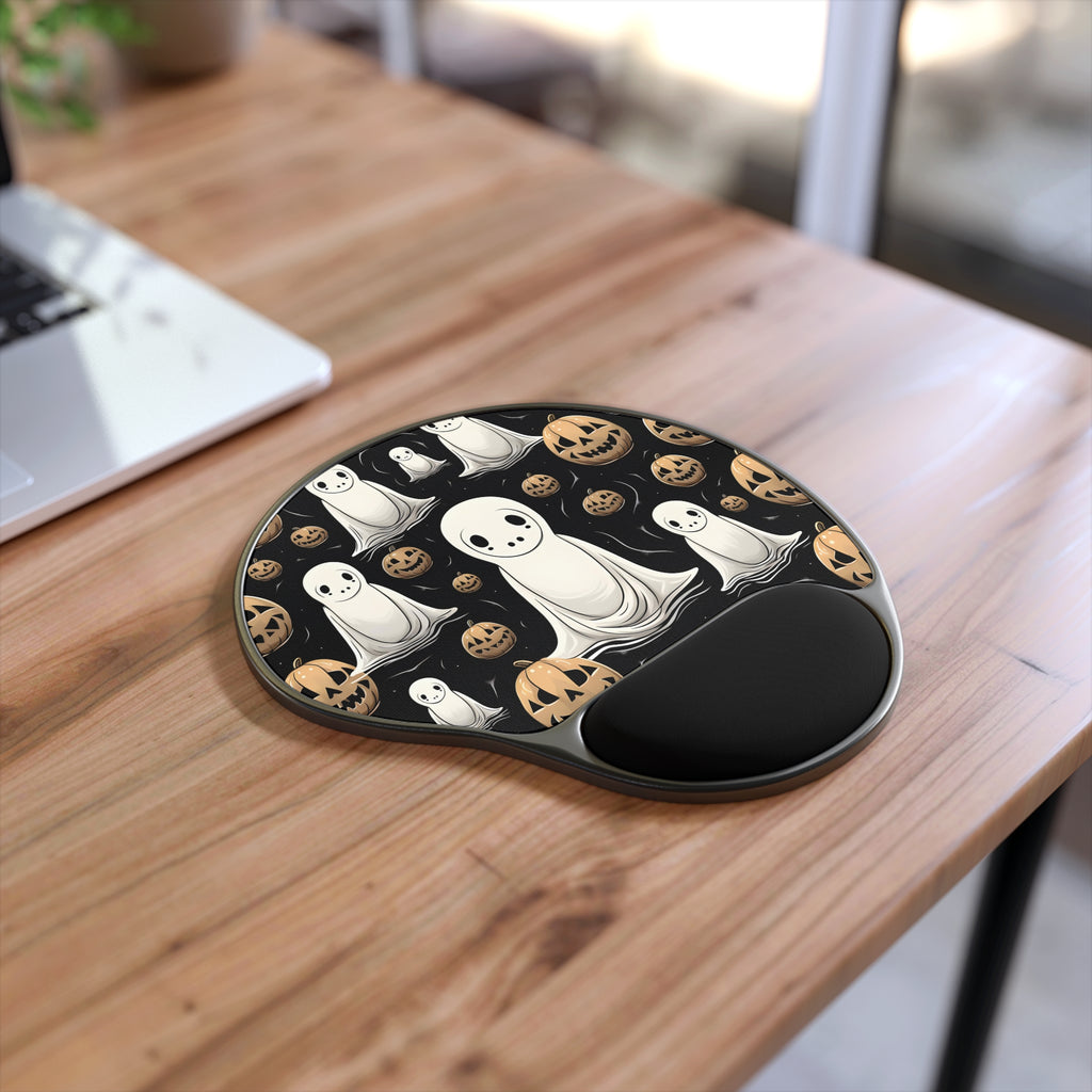 Mouse Pad with Wrist Rest with Ghostly Skeleton and Pumpkin Design for Halloween, view 2