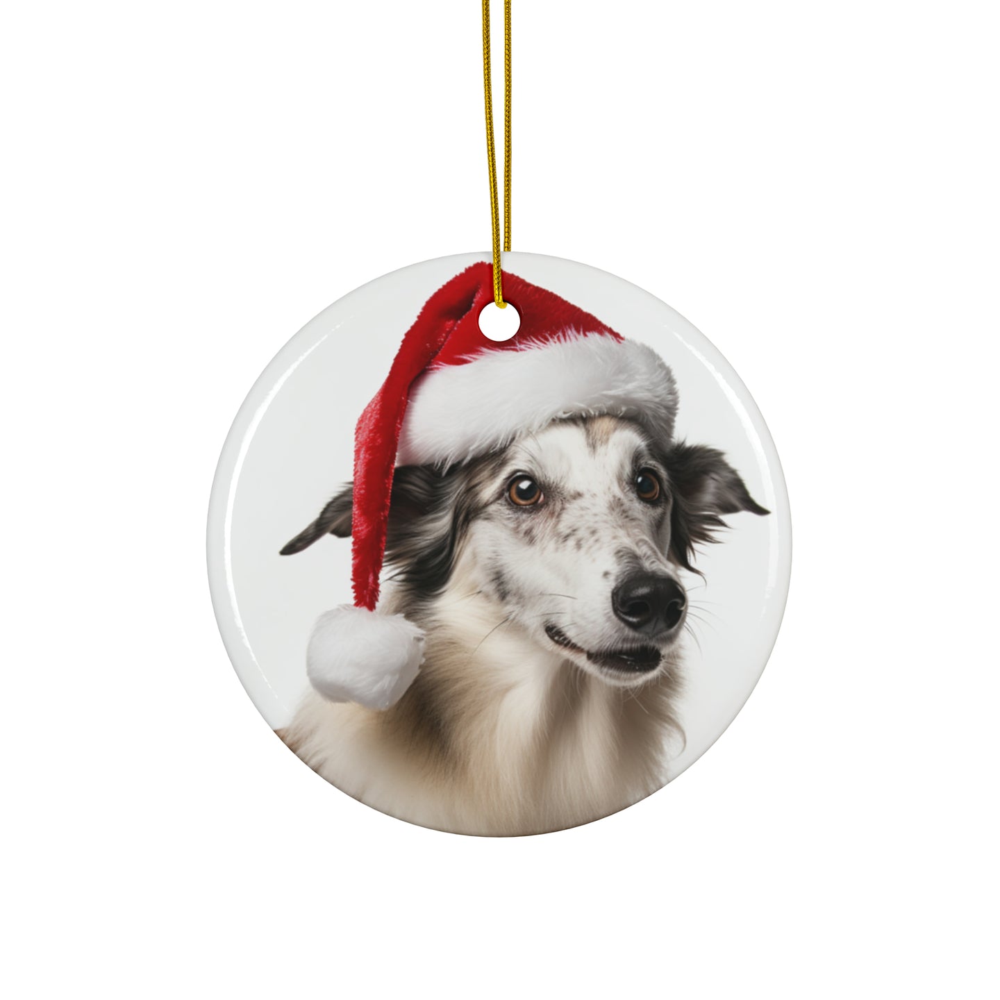DistinctInk Hanging Ceramic Christmas Tree Ornament with Gold String - Great Gift/Present - 2 3/4 inch Diameter - Borzoi Puppy Design