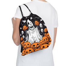 DistinctInk Drawstring Bag / Backpack with Ghost Skeleton Pumpkins Design for Halloween