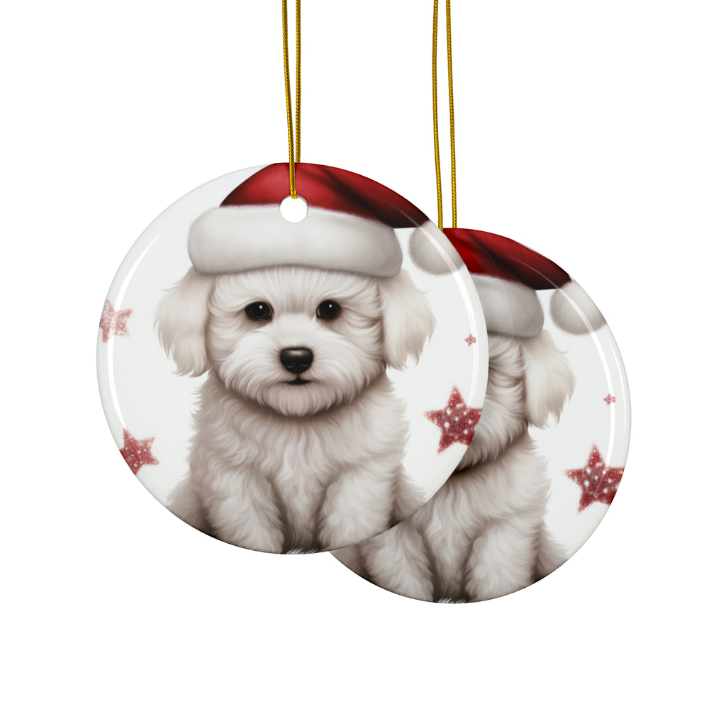 Hanging Ceramic Christmas Tree Ornament with Gold String - Bichon Frise Puppy Drawing Design, view 2