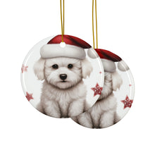 DistinctInk Hanging Ceramic Christmas Tree Ornament with Gold String - Great Gift/Present - 2 3/4 inch Diameter - Bichon Frise Puppy Drawing Design