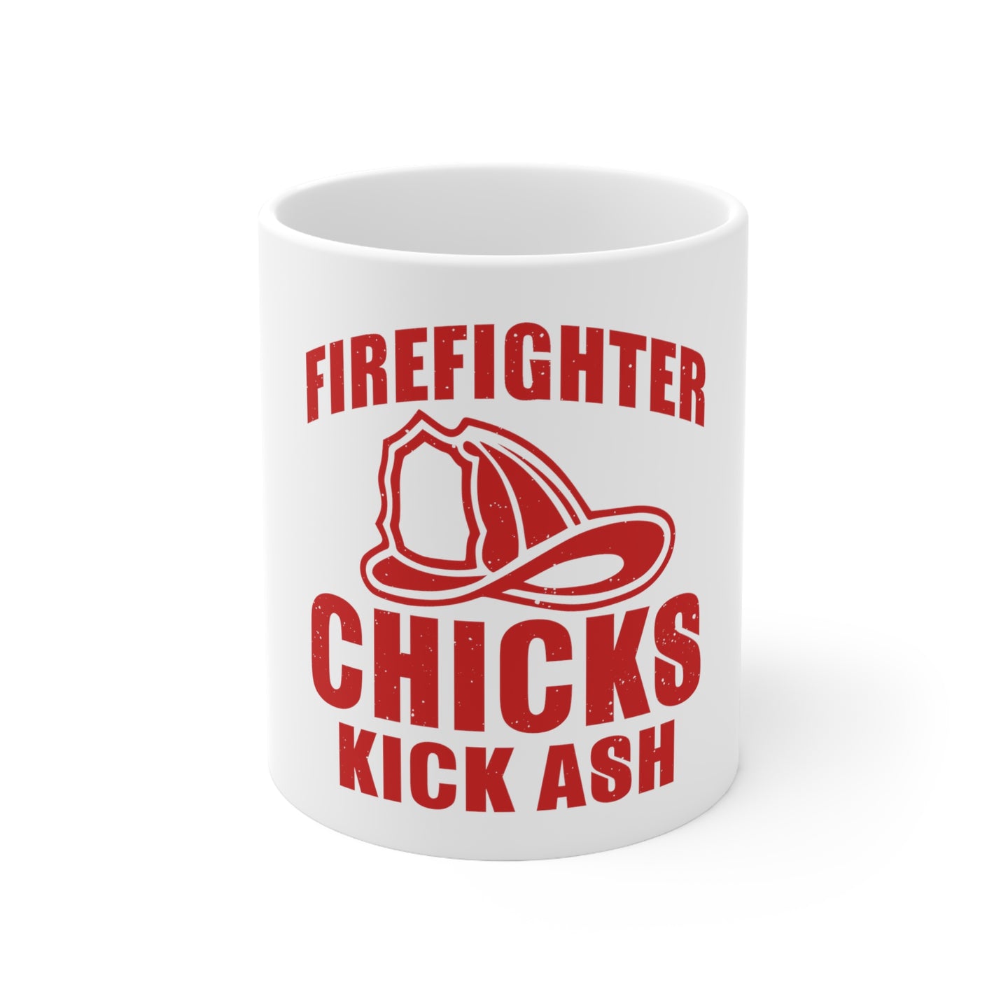 DistinctInk Glossy White Coffee / Tea Mug - Firefighter Chicks Kick ASH