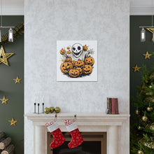 DistinctInk Canvas Wall Art with Ghostly Skeleton and Pumpkins for Halloween