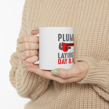 DistinctInk Glossy White Coffee / Tea Mug - Plumber - Laying Pipe Day & Night