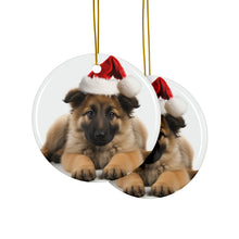 DistinctInk Hanging Ceramic Christmas Tree Ornament with Gold String - Great Gift/Present - 2 3/4 inch Diameter - Belgian Tervuren Puppy Design