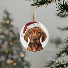 DistinctInk Hanging Ceramic Christmas Tree Ornament with Gold String - Great Gift/Present - 2 3/4 inch Diameter - Redbone Coonhound Puppy Drawing Design