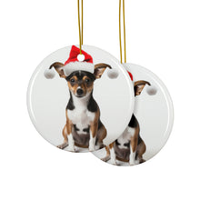 DistinctInk Hanging Ceramic Christmas Tree Ornament with Gold String - Great Gift/Present - 2 3/4 inch Diameter - Toy Fox Terrier Design