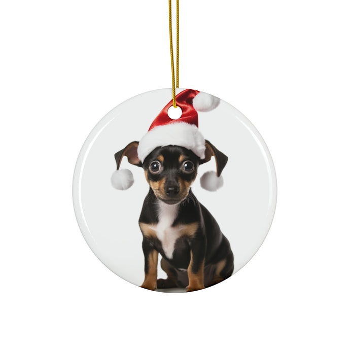DistinctInk Hanging Ceramic Christmas Tree Ornament with Gold String - Great Gift/Present - 2 3/4 inch Diameter - Rat Terrier Puppy Design
