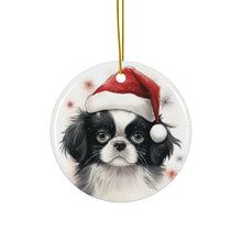 DistinctInk Hanging Ceramic Christmas Tree Ornament with Gold String - Great Gift/Present - 2 3/4 inch Diameter - Japanese Chin Puppy Drawing Design