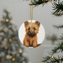 DistinctInk Hanging Ceramic Christmas Tree Ornament with Gold String - Great Gift/Present - 2 3/4 inch Diameter - Norwich Terrier Puppy Drawing Design