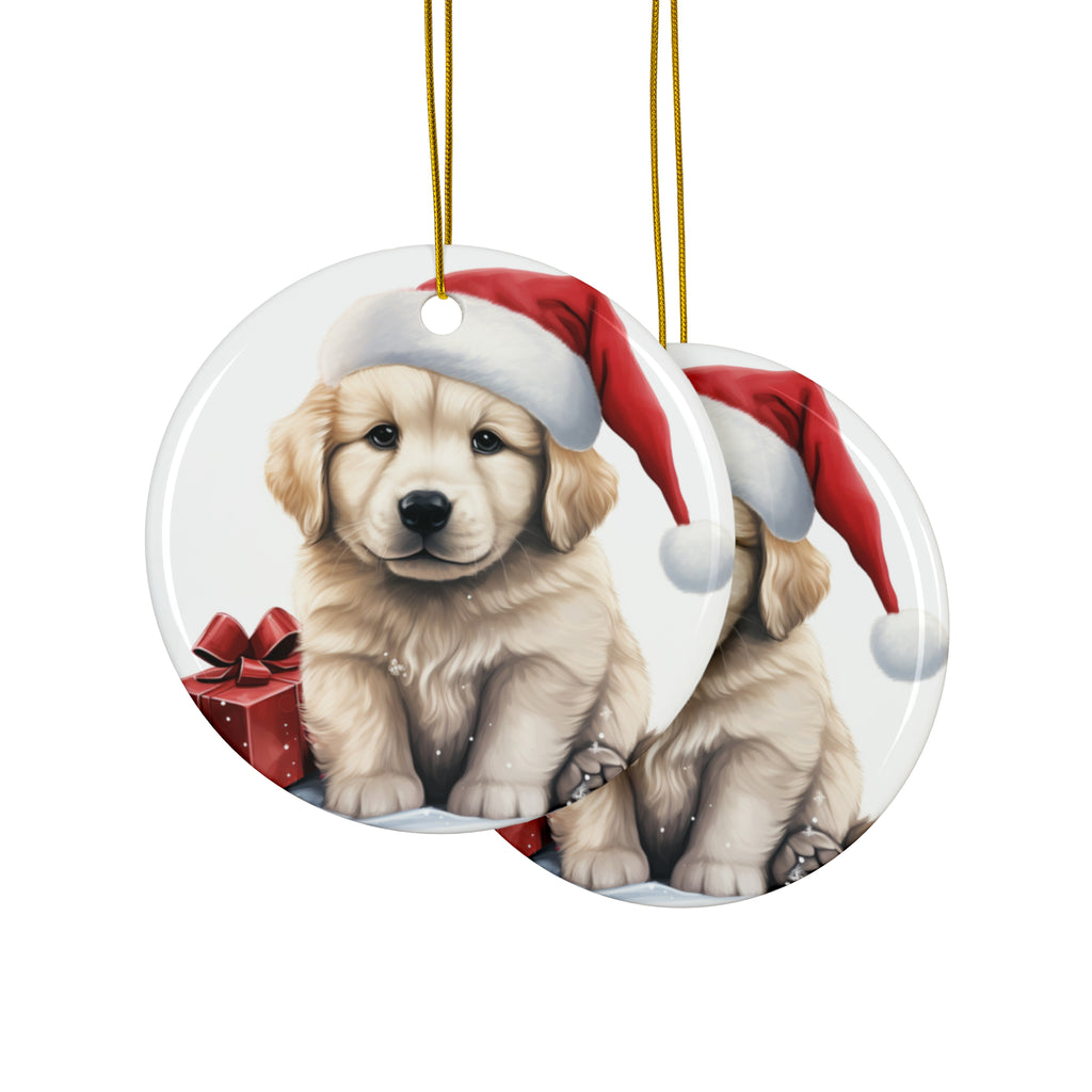 Hanging Ceramic Christmas Tree Ornament with Gold String - Kuvaszok Puppy Drawing Design, view 2