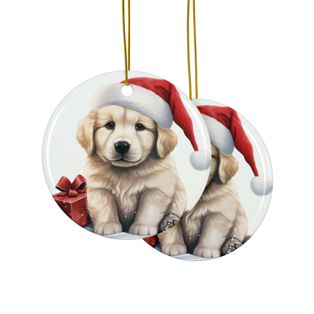 Hanging Ceramic Christmas Tree Ornament with Gold String - Kuvaszok Puppy Drawing Design, view 2