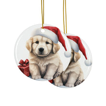 DistinctInk Hanging Ceramic Christmas Tree Ornament with Gold String - Great Gift/Present - 2 3/4 inch Diameter - Kuvaszok Puppy Drawing Design
