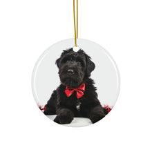 DistinctInk Hanging Ceramic Christmas Tree Ornament with Gold String - Great Gift/Present - 2 3/4 inch Diameter - Black Russian Terrier Puppy Design