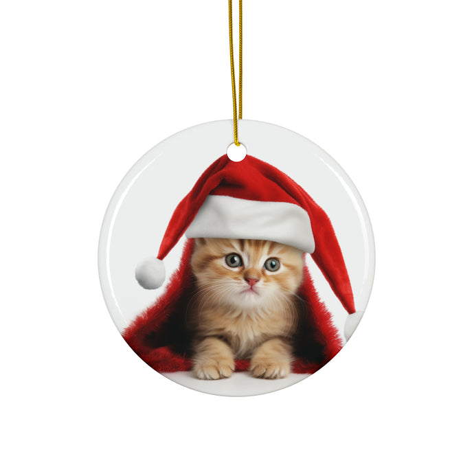 DistinctInk Hanging Ceramic Christmas Tree Ornament with Gold String - Great Gift/Present - 2 3/4 inch Diameter - OciKitten Kitten Design