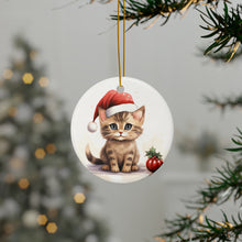 DistinctInk Hanging Ceramic Christmas Tree Ornament with Gold String - Great Gift/Present - 2 3/4 inch Diameter - Serengeti Cat Design
