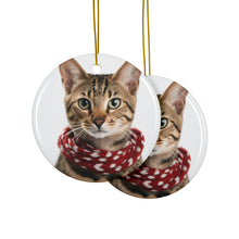 DistinctInk Hanging Ceramic Christmas Tree Ornament with Gold String - Great Gift/Present - 2 3/4 inch Diameter - Savannah Cat Design