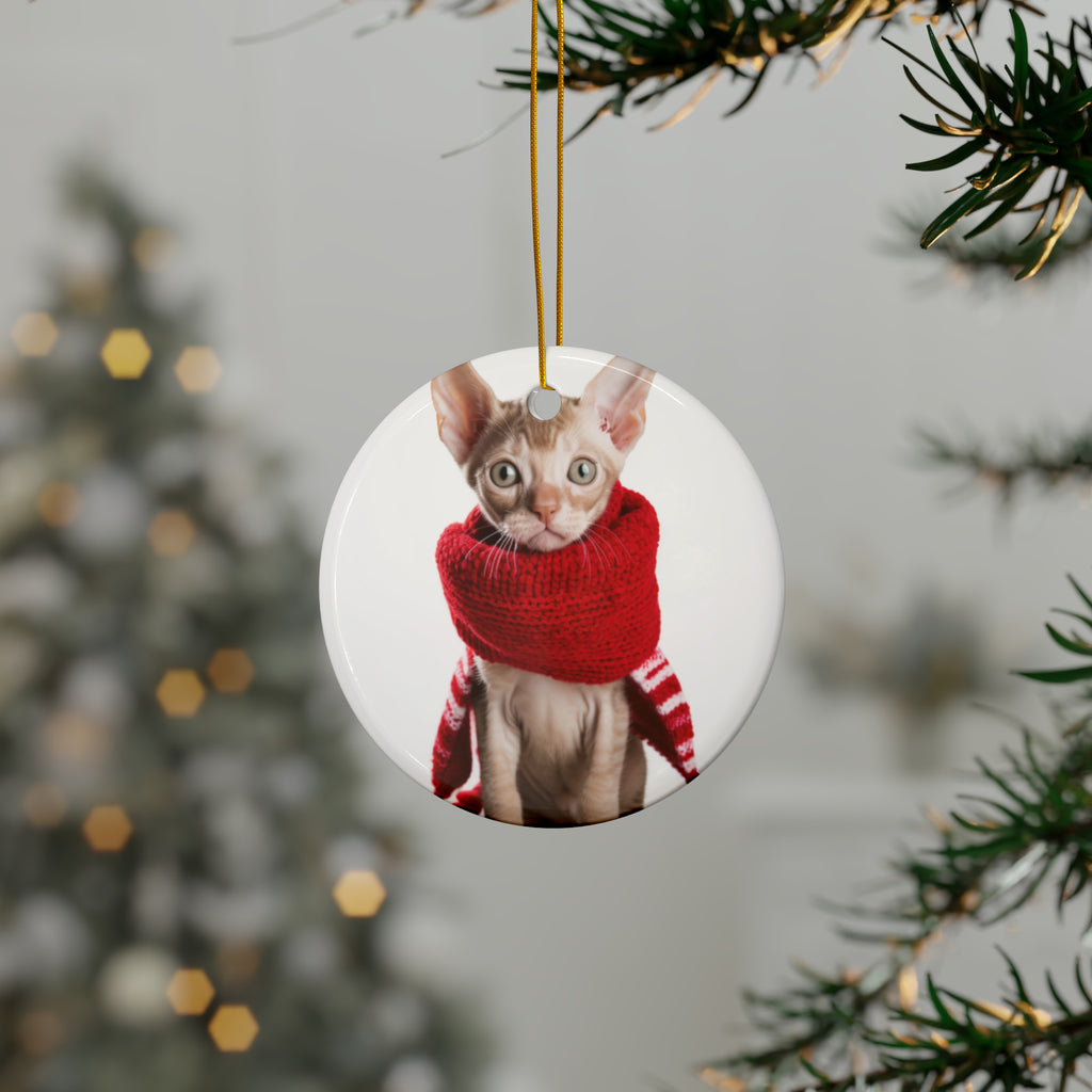 Hanging Ceramic Christmas Tree Ornament with Gold String - Devon Rex Kitten Design, view 3