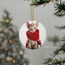 DistinctInk Hanging Ceramic Christmas Tree Ornament with Gold String - Great Gift/Present - 2 3/4 inch Diameter - Devon Rex Kitten Design