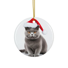 DistinctInk Hanging Ceramic Christmas Tree Ornament with Gold String - Great Gift/Present - 2 3/4 inch Diameter - British Shorthair Cat Design