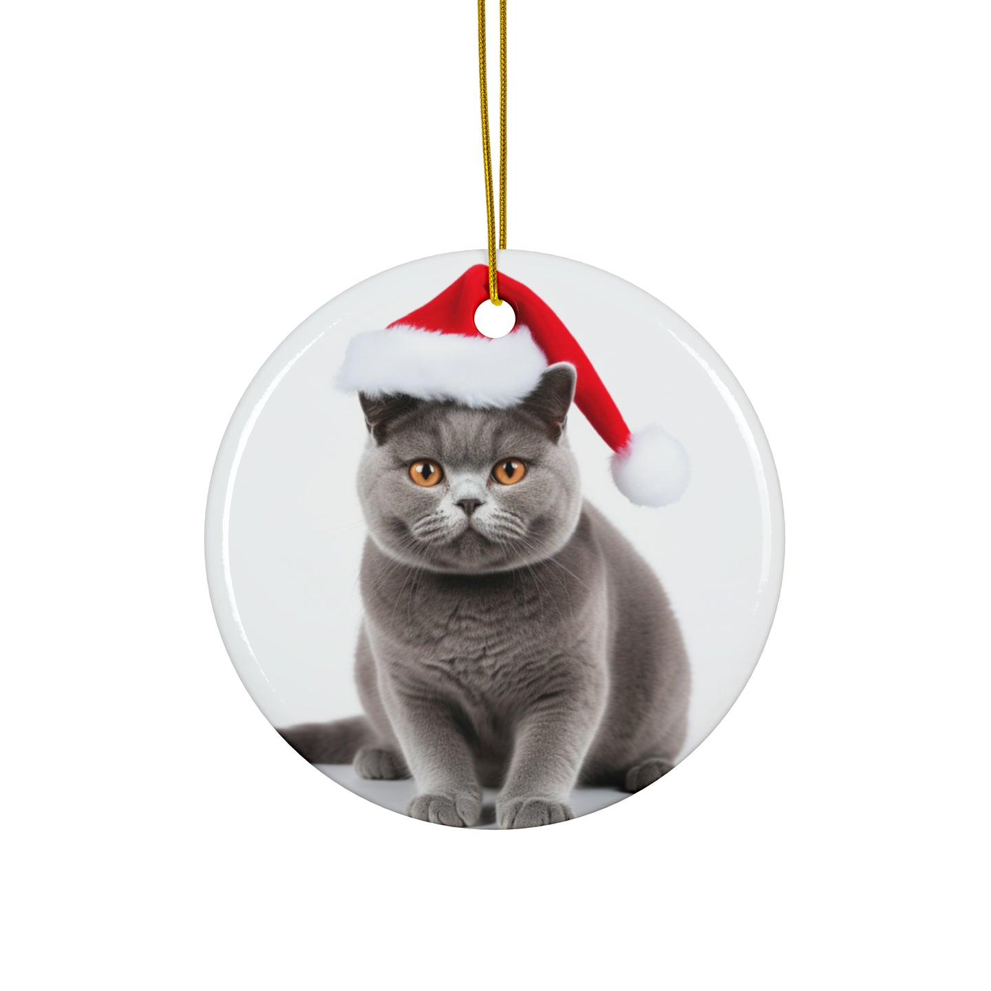 DistinctInk Hanging Ceramic Christmas Tree Ornament with Gold String - Great Gift/Present - 2 3/4 inch Diameter - British Shorthair Cat Design