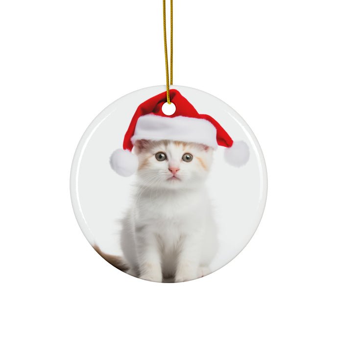 DistinctInk Hanging Ceramic Christmas Tree Ornament with Gold String - Great Gift/Present - 2 3/4 inch Diameter - Turkish Van Kitten Design
