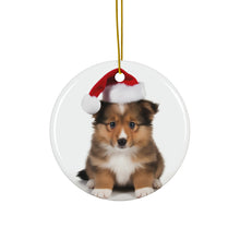 DistinctInk Hanging Ceramic Christmas Tree Ornament with Gold String - Great Gift/Present - 2 3/4 inch Diameter - Shetland Sheepdog Puppy Design