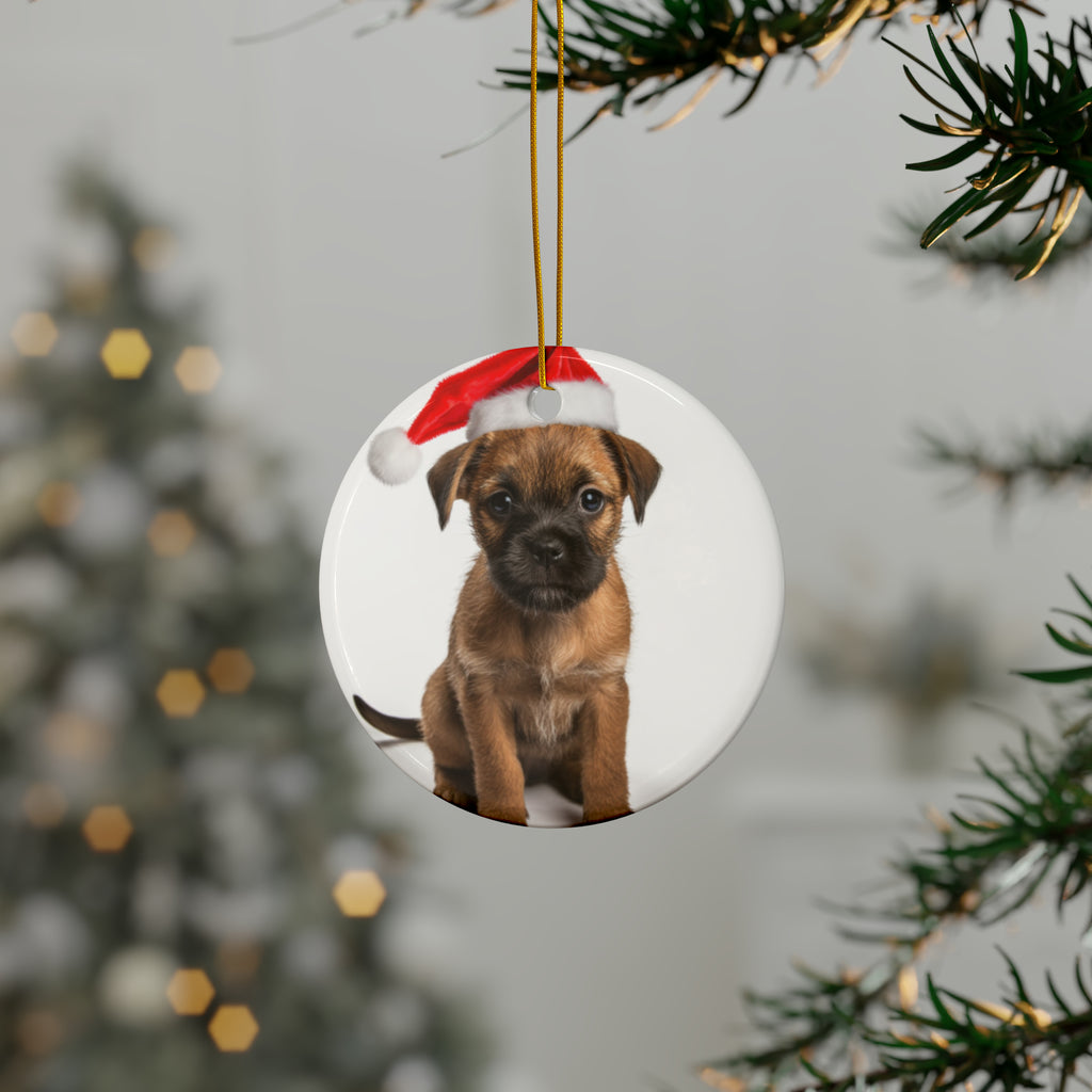 Hanging Ceramic Christmas Tree Ornament with Gold String - Border Terrier Puppy Design, view 3