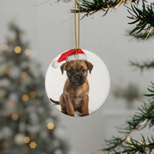 DistinctInk Hanging Ceramic Christmas Tree Ornament with Gold String - Great Gift/Present - 2 3/4 inch Diameter - Border Terrier Puppy Design