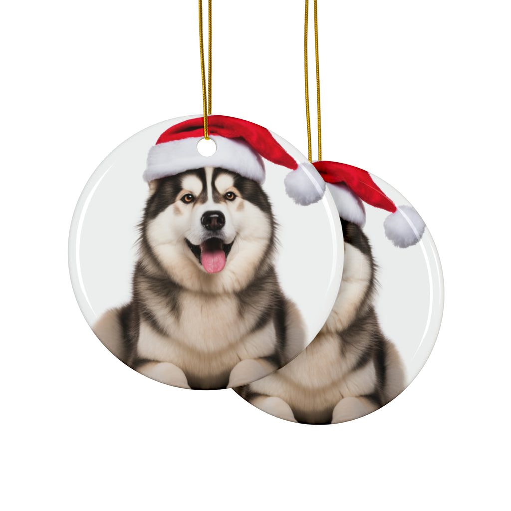 Hanging Ceramic Christmas Tree Ornament with Gold String - Alaskan Malamute Design, view 2