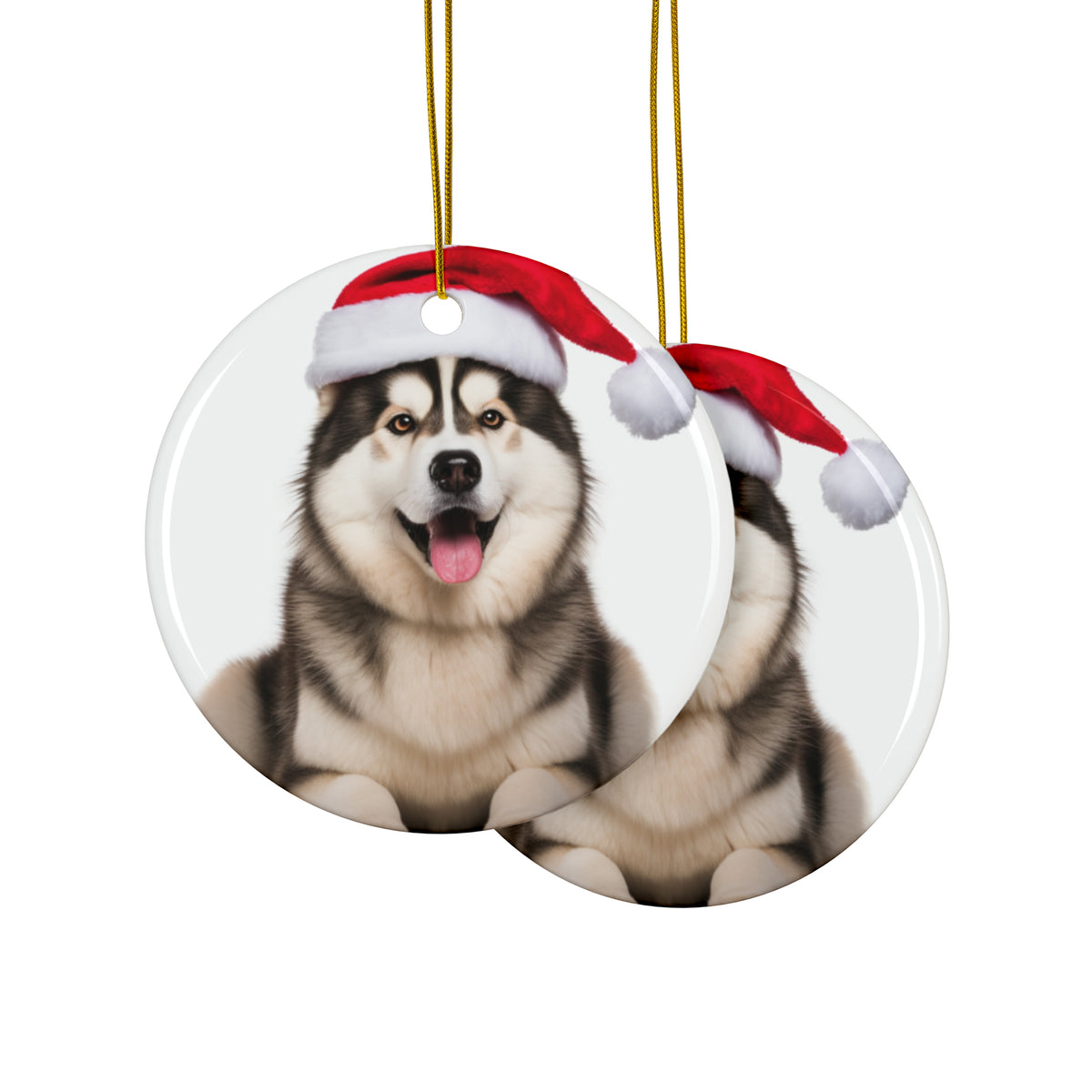 Hanging Ceramic Christmas Tree Ornament with Gold String - Alaskan Malamute Design, view 2
