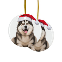 DistinctInk Hanging Ceramic Christmas Tree Ornament with Gold String - Great Gift/Present - 2 3/4 inch Diameter - Alaskan Malamute Design