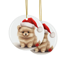DistinctInk Hanging Ceramic Christmas Tree Ornament with Gold String - Great Gift/Present - 2 3/4 inch Diameter - Pomeranian Puppy Drawing Design