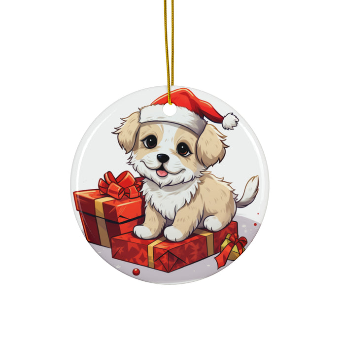 DistinctInk Hanging Ceramic Christmas Tree Ornament with Gold String - Great Gift/Present - 2 3/4 inch Diameter - Pumik Puppy Drawing Design