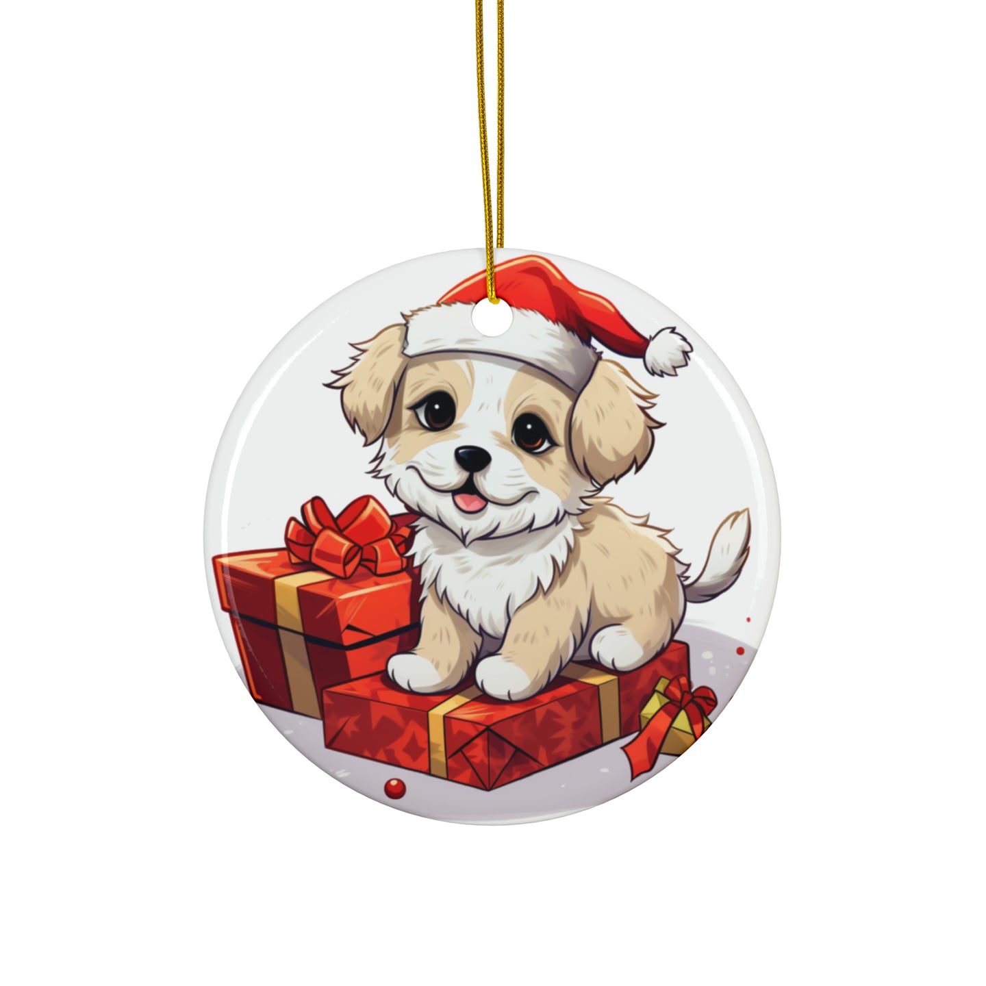 DistinctInk Hanging Ceramic Christmas Tree Ornament with Gold String - Great Gift/Present - 2 3/4 inch Diameter - Pumik Puppy Drawing Design