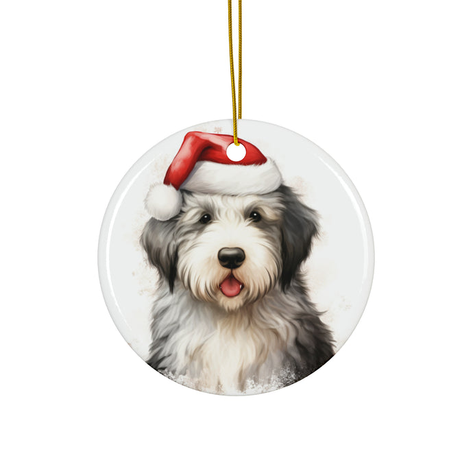 DistinctInk Hanging Ceramic Christmas Tree Ornament with Gold String - Great Gift/Present - 2 3/4 inch Diameter - Old English Sheepdog Puppy Drawing Design