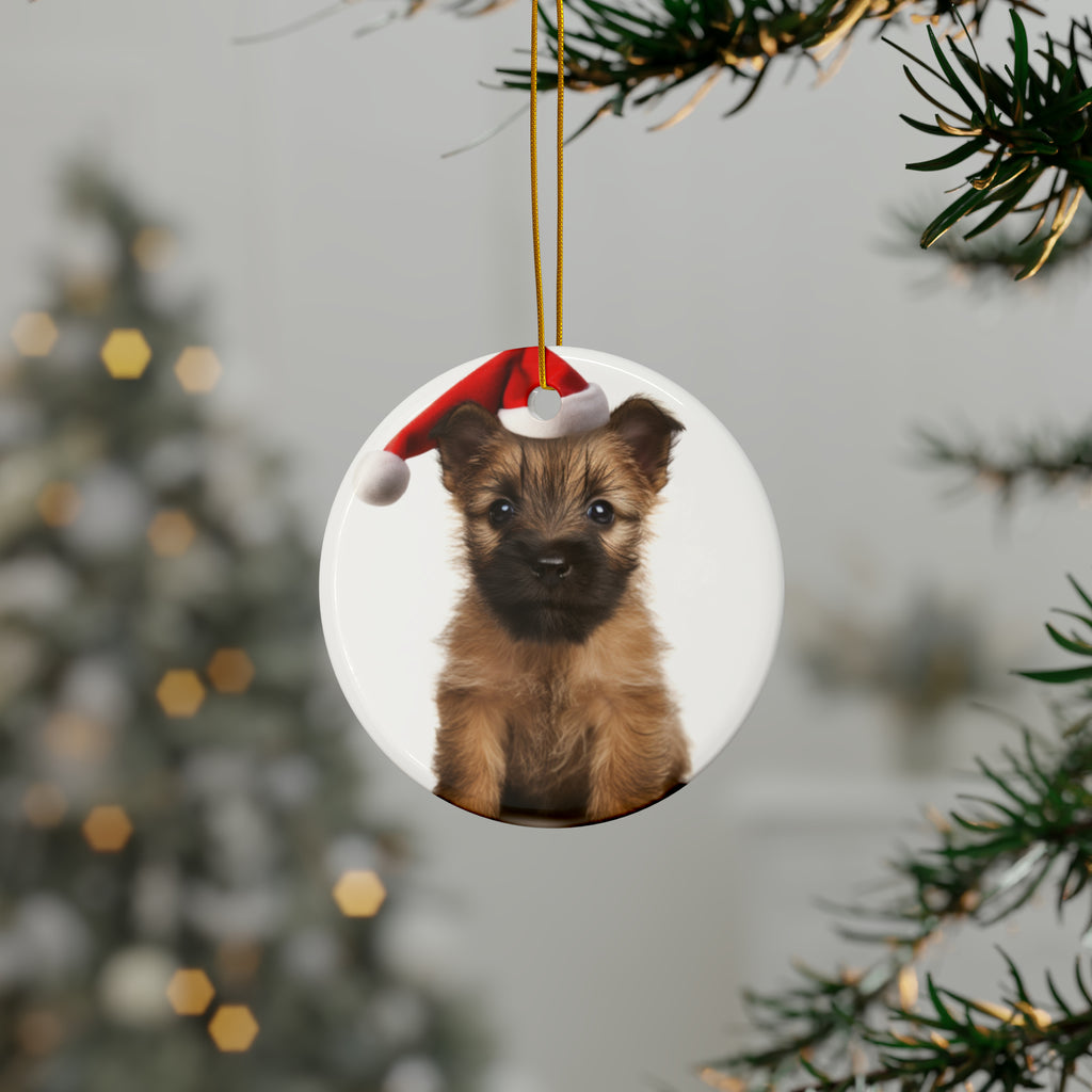 Hanging Ceramic Christmas Tree Ornament with Gold String - Cairn Terrier Puppy Design, view 3
