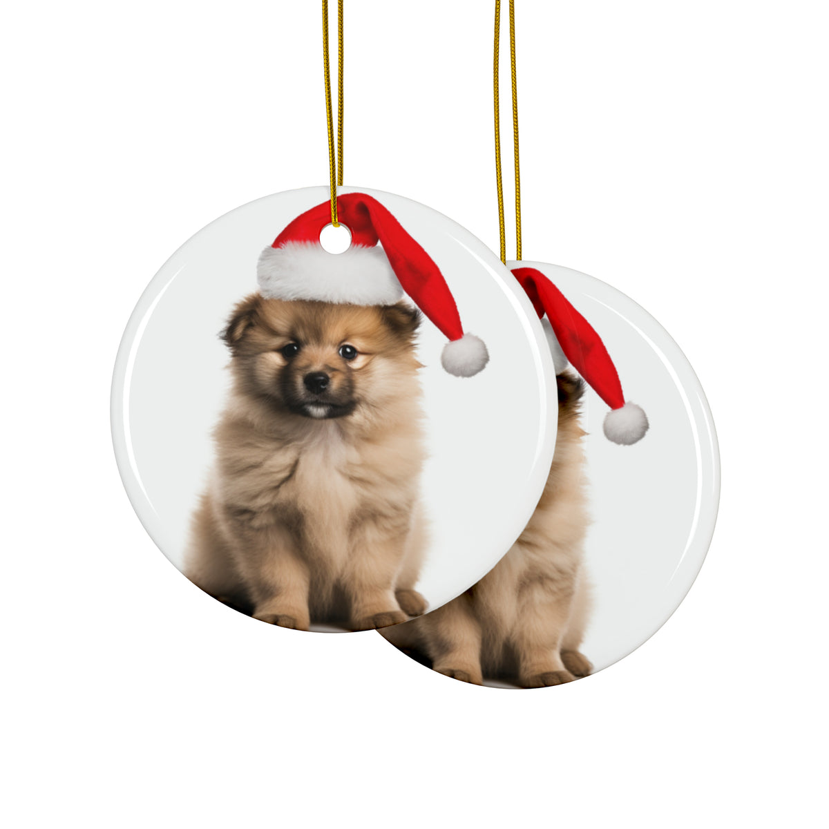 Hanging Ceramic Christmas Tree Ornament with Gold String - Keeshonden Puppy Design, view 2