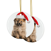 DistinctInk Hanging Ceramic Christmas Tree Ornament with Gold String - Great Gift/Present - 2 3/4 inch Diameter - Keeshonden Puppy Design